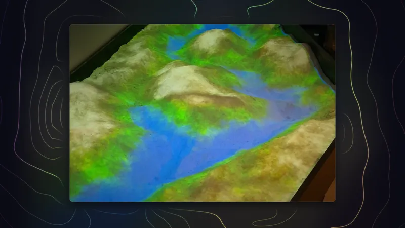 A photograph of the Augmented Reality Sandbox at Tikveš: sand shaped into hills, lit by the projection in green and sand tones, with blue water filling the valley between them, framed on a dark background of contour lines.